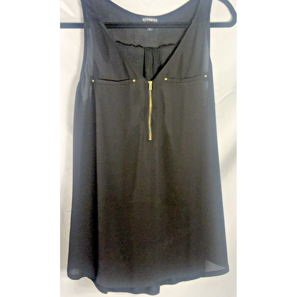 Express Black V-Neck Sleeveless Tank Top Zipper Accent Wide Strap  Sz L